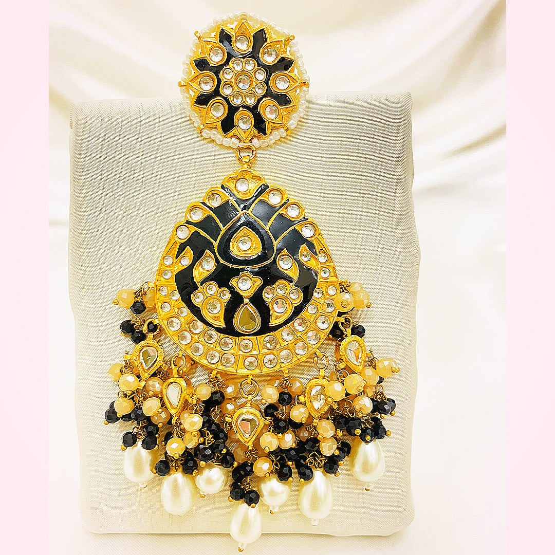 Parish Tappa Kundan Gold-Plated Earrings – Black Mina With Pearl & Beaded Droplet Detailing