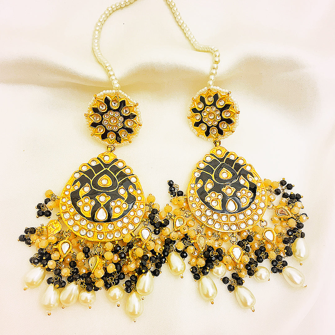 Parish Tappa Kundan Gold-Plated Earrings – Black Mina With Pearl & Beaded Droplet Detailing