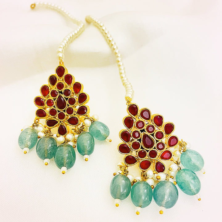 Zoha Tappa Kundan Gold-Plated Earrings – Red Kundan Cluster with Aqua Droplet Accents
