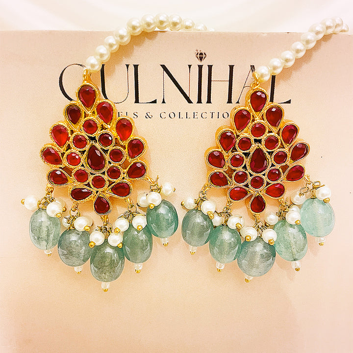 Zoha Tappa Kundan Gold-Plated Earrings – Red Kundan Cluster with Aqua Droplet Accents