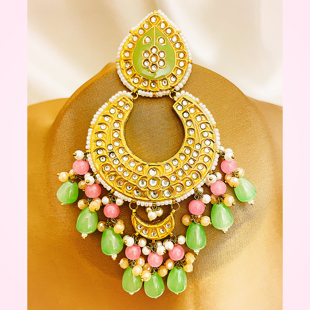 Nureh Tappa Kundan Gold Plated Earrings – Handcrafted With Green Mina & Multi-Droplet Detailing