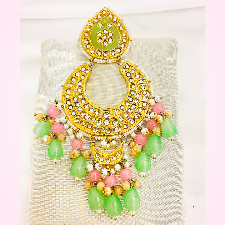 Nureh Tappa Kundan Gold Plated Earrings – Handcrafted With Green Mina & Multi-Droplet Detailing