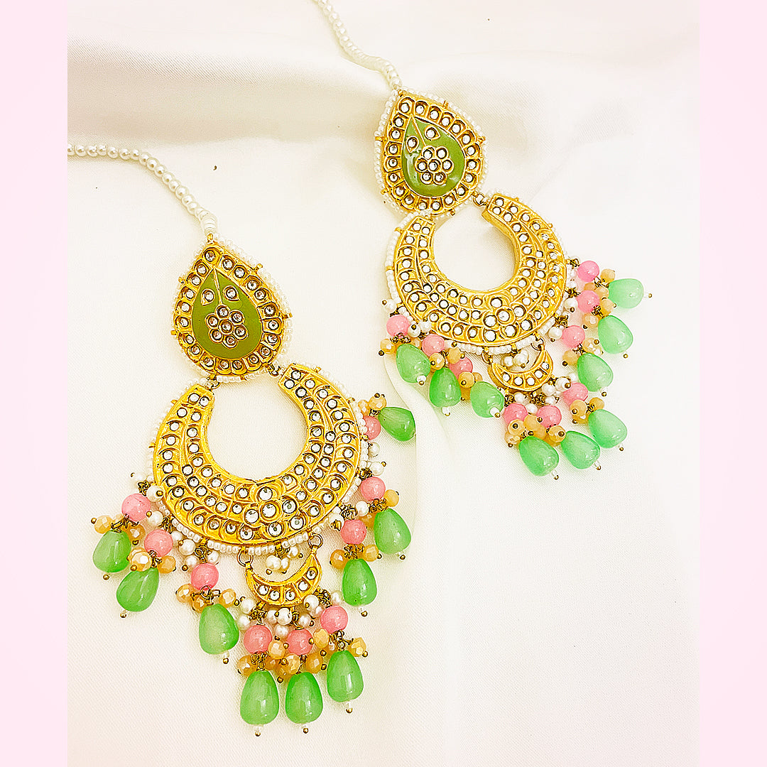 Nureh Tappa Kundan Gold Plated Earrings – Handcrafted With Green Mina & Multi-Droplet Detailing