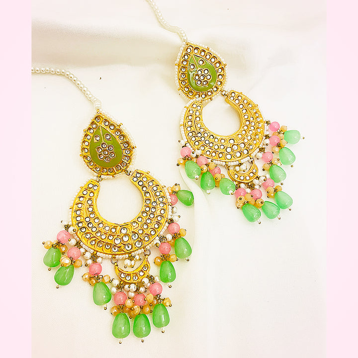 Nureh Tappa Kundan Gold Plated Earrings – Handcrafted With Green Mina & Multi-Droplet Detailing