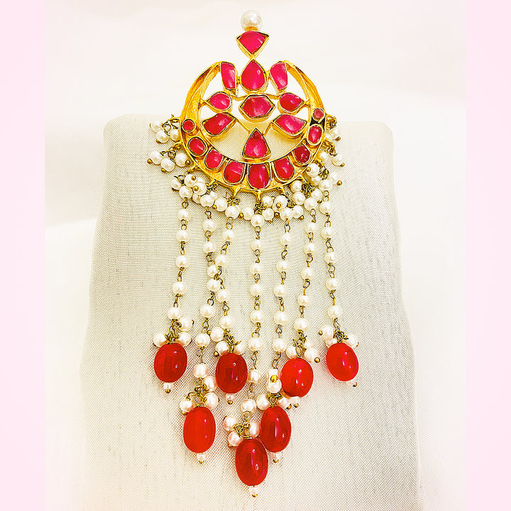 Mahnoor Tappa Kundan Gold-Plated Earrings – Pink Mina Crescent With Pearl Chains & Red Droplet Finish