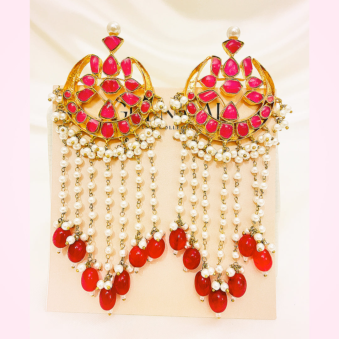 Mahnoor Tappa Kundan Gold-Plated Earrings – Pink Mina Crescent With Pearl Chains & Red Droplet Finish