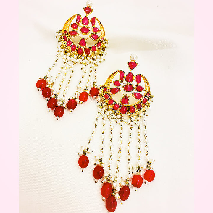Mahnoor Tappa Kundan Gold-Plated Earrings – Pink Mina Crescent With Pearl Chains & Red Droplet Finish