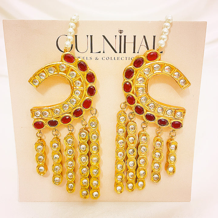 Yashal Tappa Kundan Gold Plated Earrings – Crescent Design With Long Mirror Droplet Strands