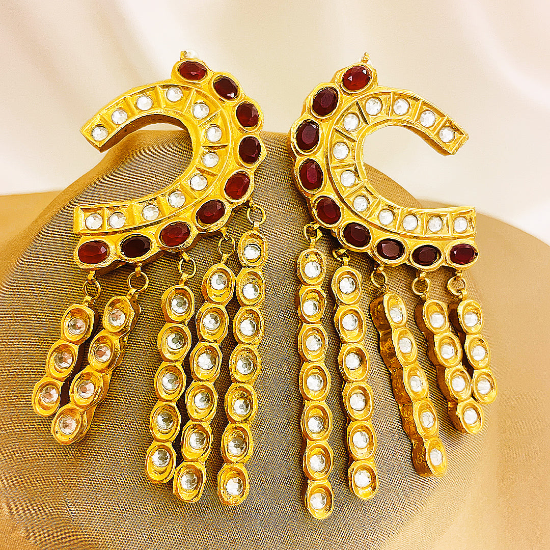 Yashal Tappa Kundan Gold Plated Earrings – Crescent Design With Long Mirror Droplet Strands