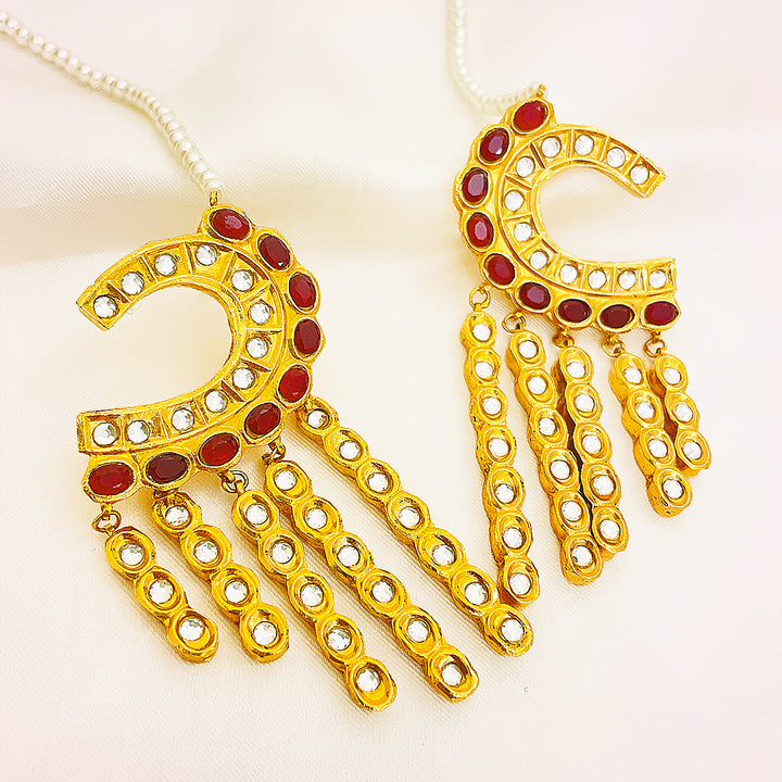 Yashal Tappa Kundan Gold Plated Earrings – Crescent Design With Long Mirror Droplet Strands