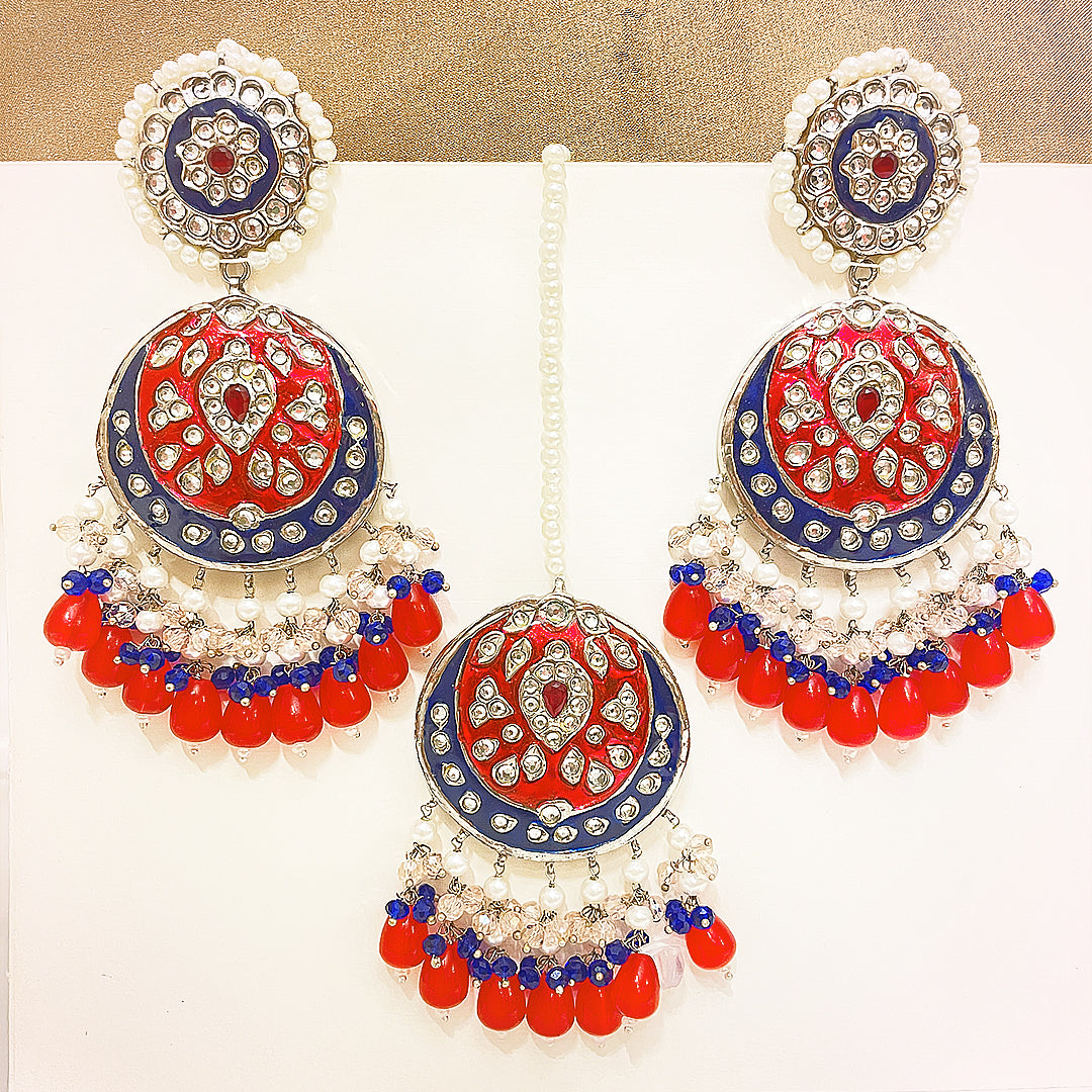 Gulzar Tappa Kundan Silver Plated Set – Handcrafted Enamel Earrings & Bindiya With Vibrant Droplet Work
