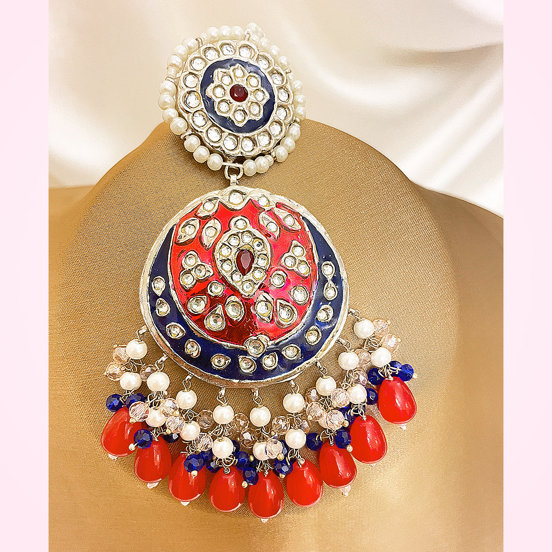 Gulzar Tappa Kundan Silver Plated Set – Handcrafted Enamel Earrings & Bindiya With Vibrant Droplet Work
