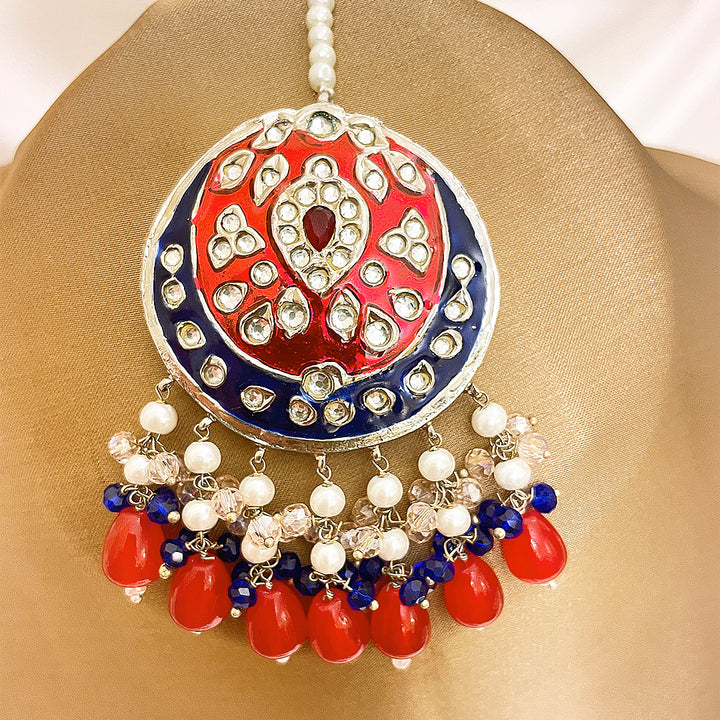Gulzar Tappa Kundan Silver Plated Set – Handcrafted Enamel Earrings & Bindiya With Vibrant Droplet Work