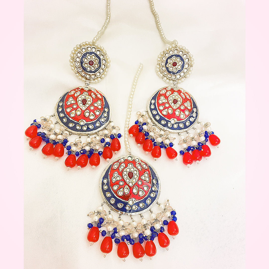 Gulzar Tappa Kundan Silver Plated Set – Handcrafted Enamel Earrings & Bindiya With Vibrant Droplet Work