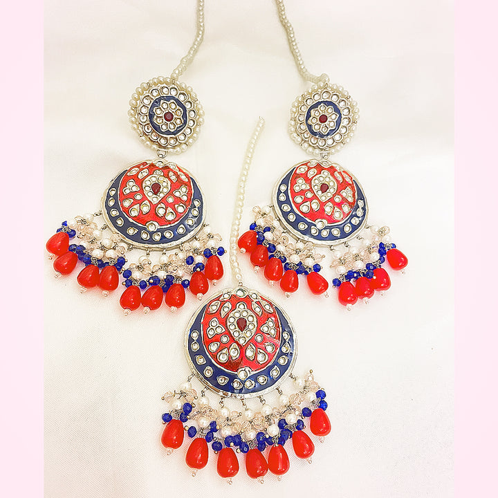 Gulzar Tappa Kundan Silver Plated Set – Handcrafted Enamel Earrings & Bindiya With Vibrant Droplet Work
