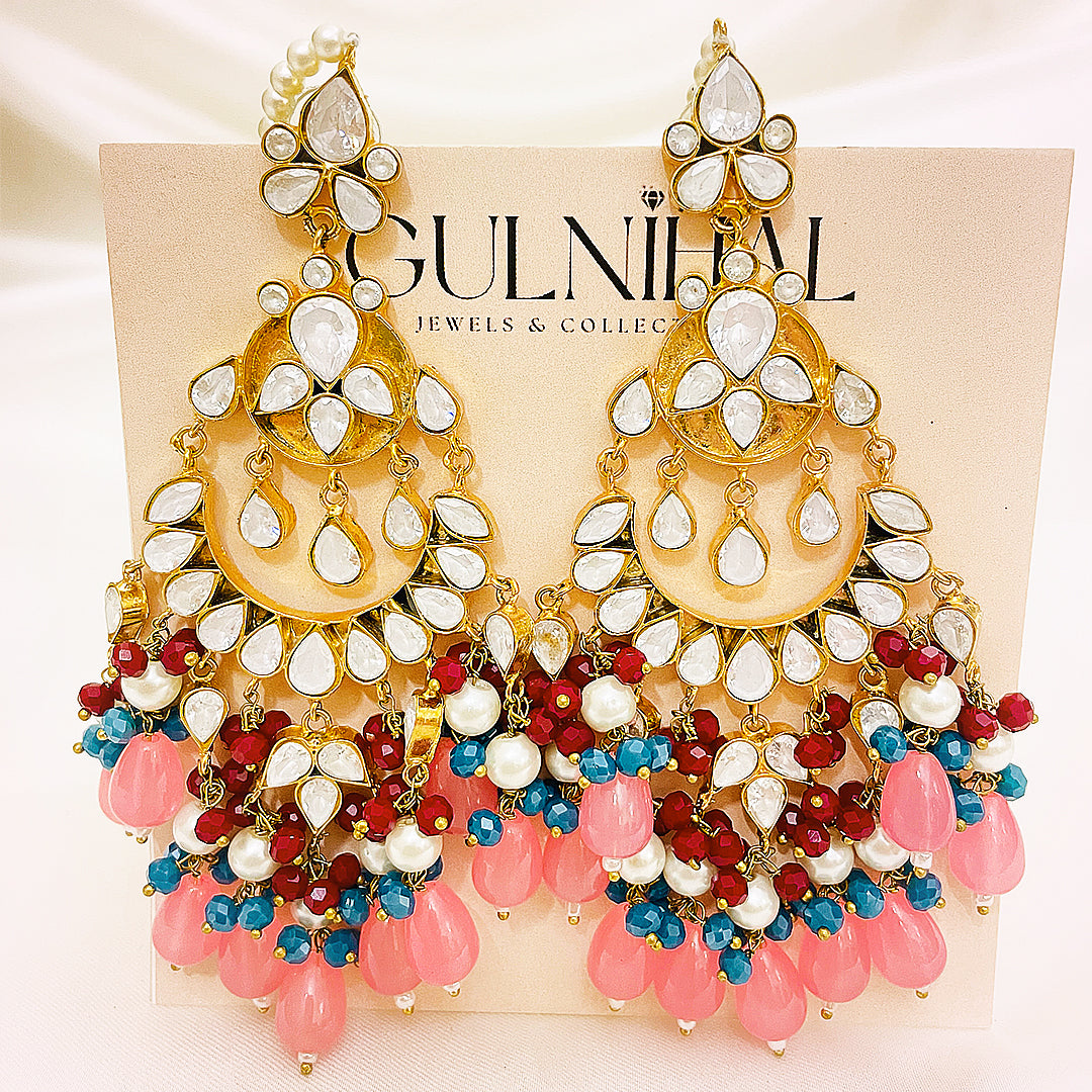 Noorain Tappa Kundan Gold-Plated Set – Handcrafted Earrings & Bindiya With Pink Droplet Hangings