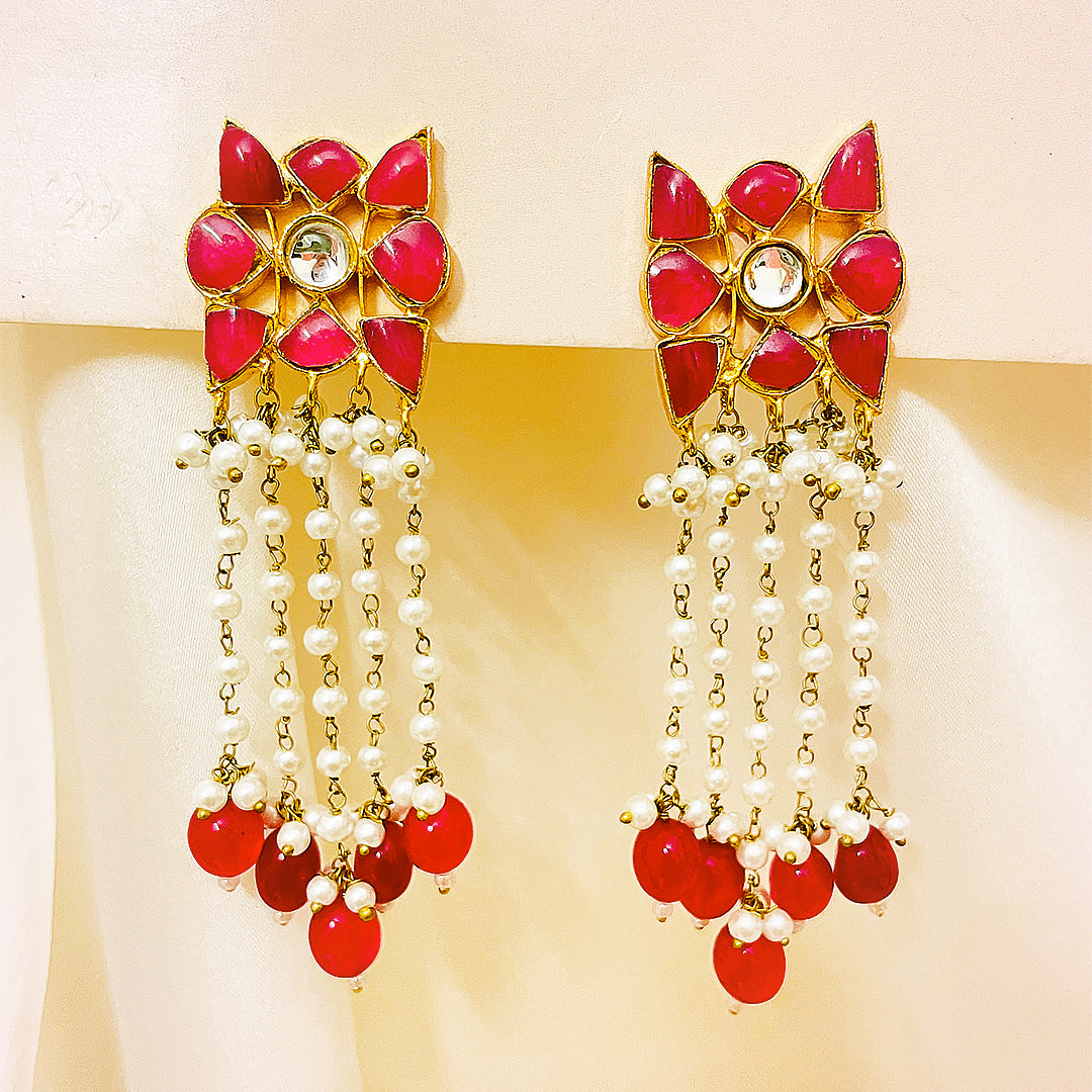 Rameesha Tappa Kundan Gold-Plated Earrings – Floral Mina Tops With Pearl Chains & Pink Droplet Hangings