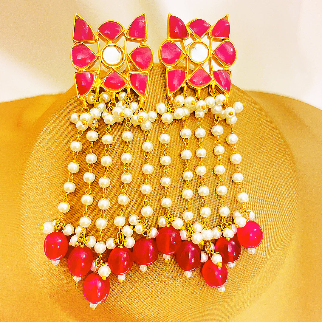 Rameesha Tappa Kundan Gold-Plated Earrings – Floral Mina Tops With Pearl Chains & Pink Droplet Hangings