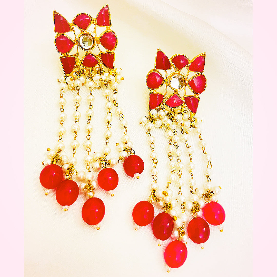 Rameesha Tappa Kundan Gold-Plated Earrings – Floral Mina Tops With Pearl Chains & Pink Droplet Hangings