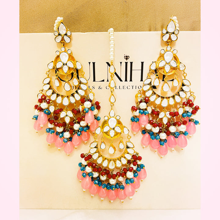 Noorain Tappa Kundan Gold-Plated Set – Handcrafted Earrings & Bindiya With Pink Droplet Hangings