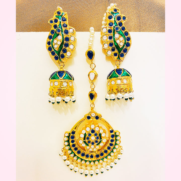 Qoyal Tappa Kundan Gold Polished Set – Handcrafted Earrings & Bindiya With Blooming Blue Green Mina