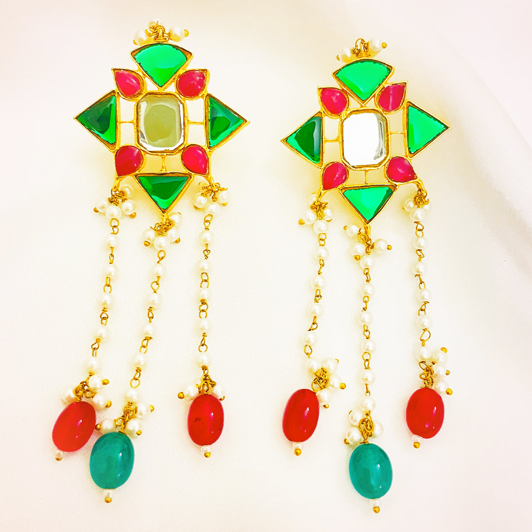 Zoya Tappa Kundan Gold-Plated Earrings – Handcrafted Floral Mina With Pearl Chains & Multicolor Droplets