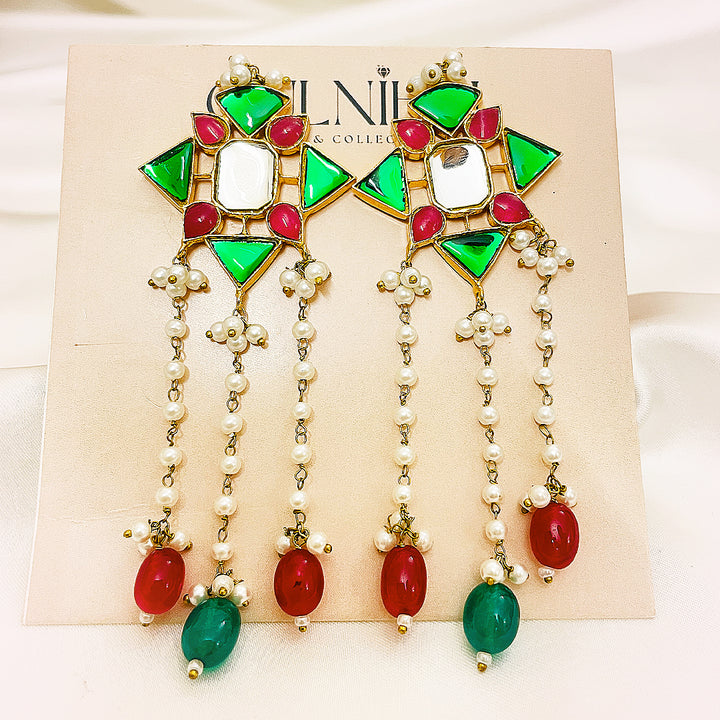 Zoya Tappa Kundan Gold-Plated Earrings – Handcrafted Floral Mina With Pearl Chains & Multicolor Droplets