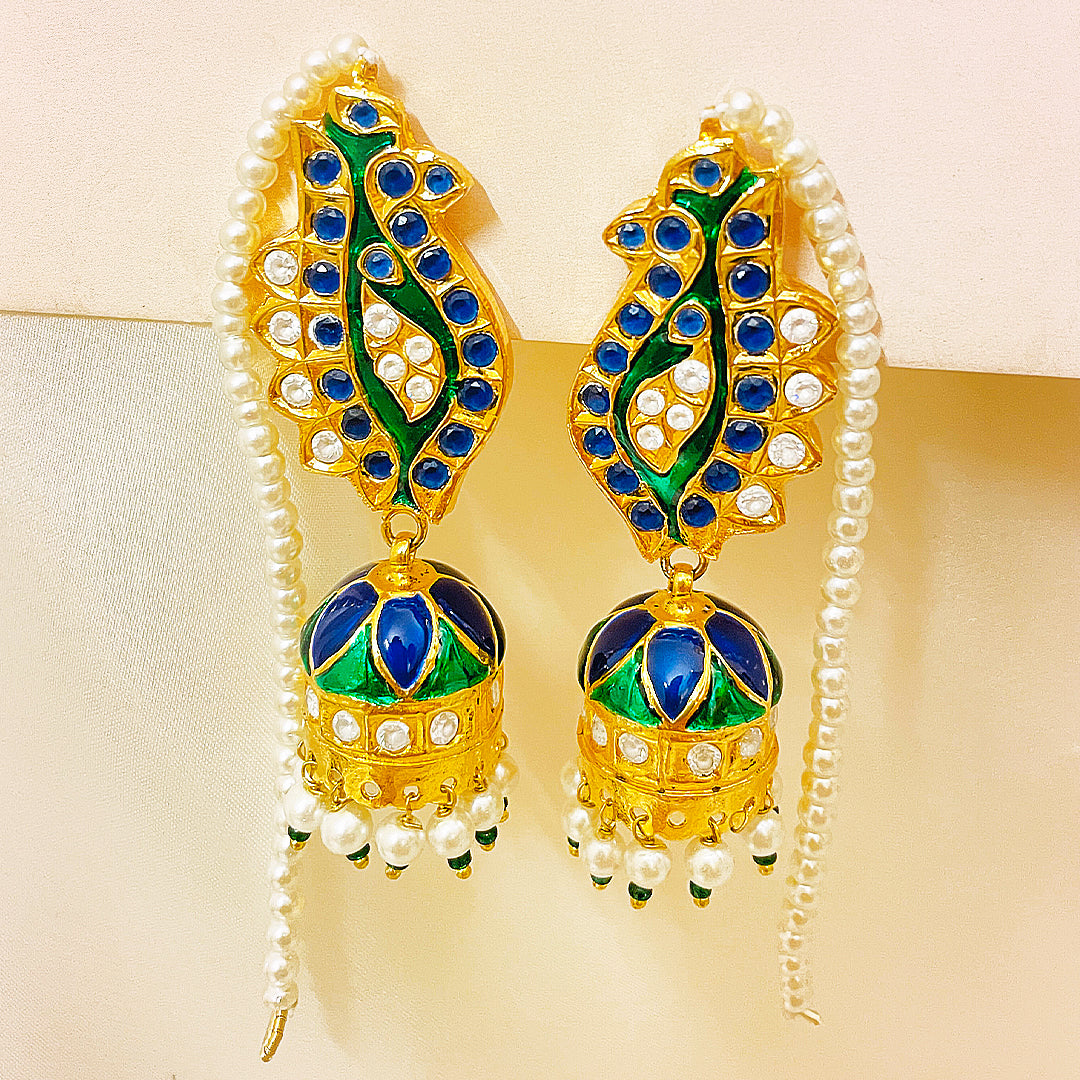 Qoyal Tappa Kundan Gold Polished Set – Handcrafted Earrings & Bindiya With Blooming Blue Green Mina