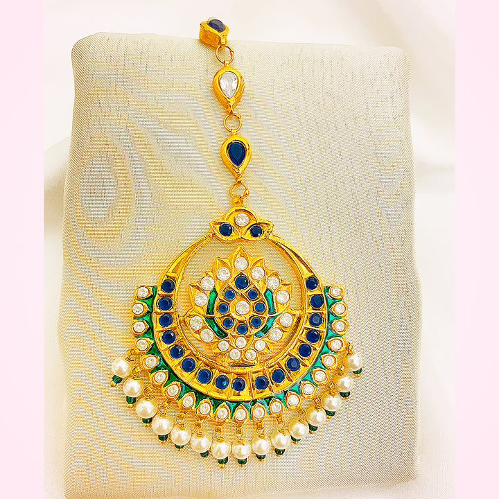 Qoyal Tappa Kundan Gold Polished Set – Handcrafted Earrings & Bindiya With Blooming Blue Green Mina
