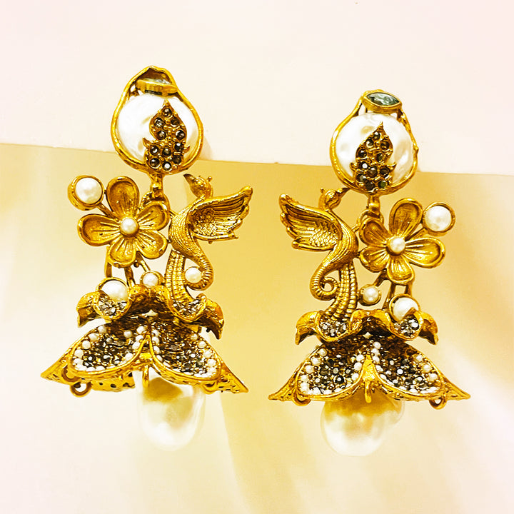 Nargis Gulbahar Bird Motif Pearl Earrings