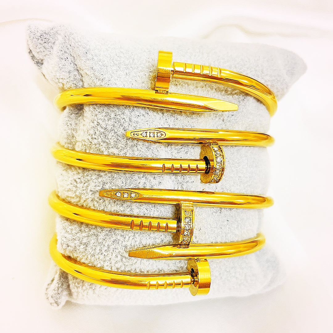 Maris Nail-Head Stainless Steel Bangles – Plain & Crystal Variants, 18K Gold Plated