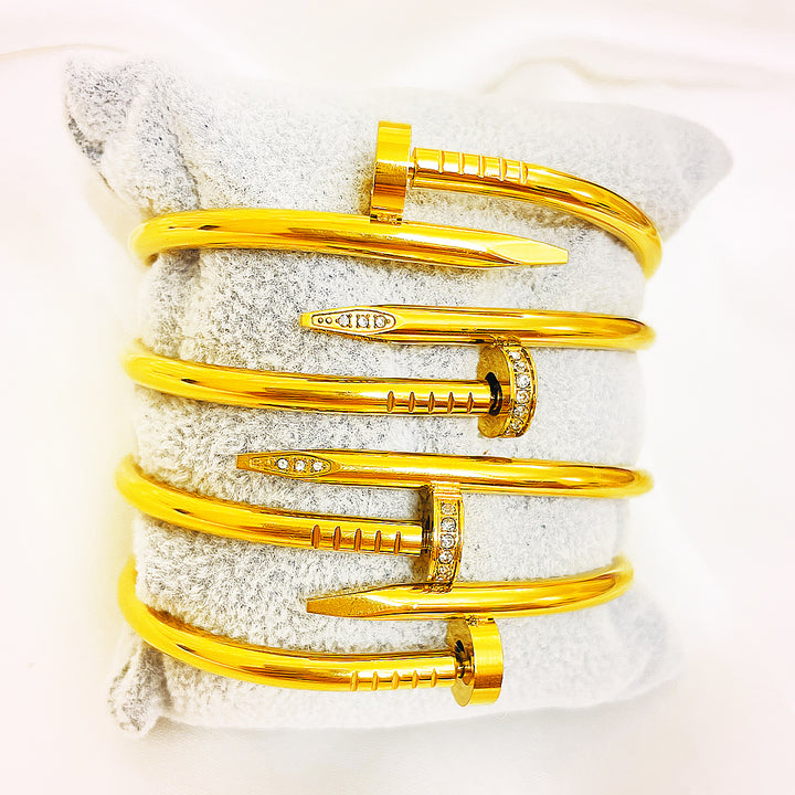 Maris Nail-Head Stainless Steel Bangles – Plain & Crystal Variants, 18K Gold Plated