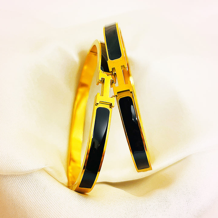 Valencia H-Motif Enamel Stainless Steel Bangle – 18K Gold Plated