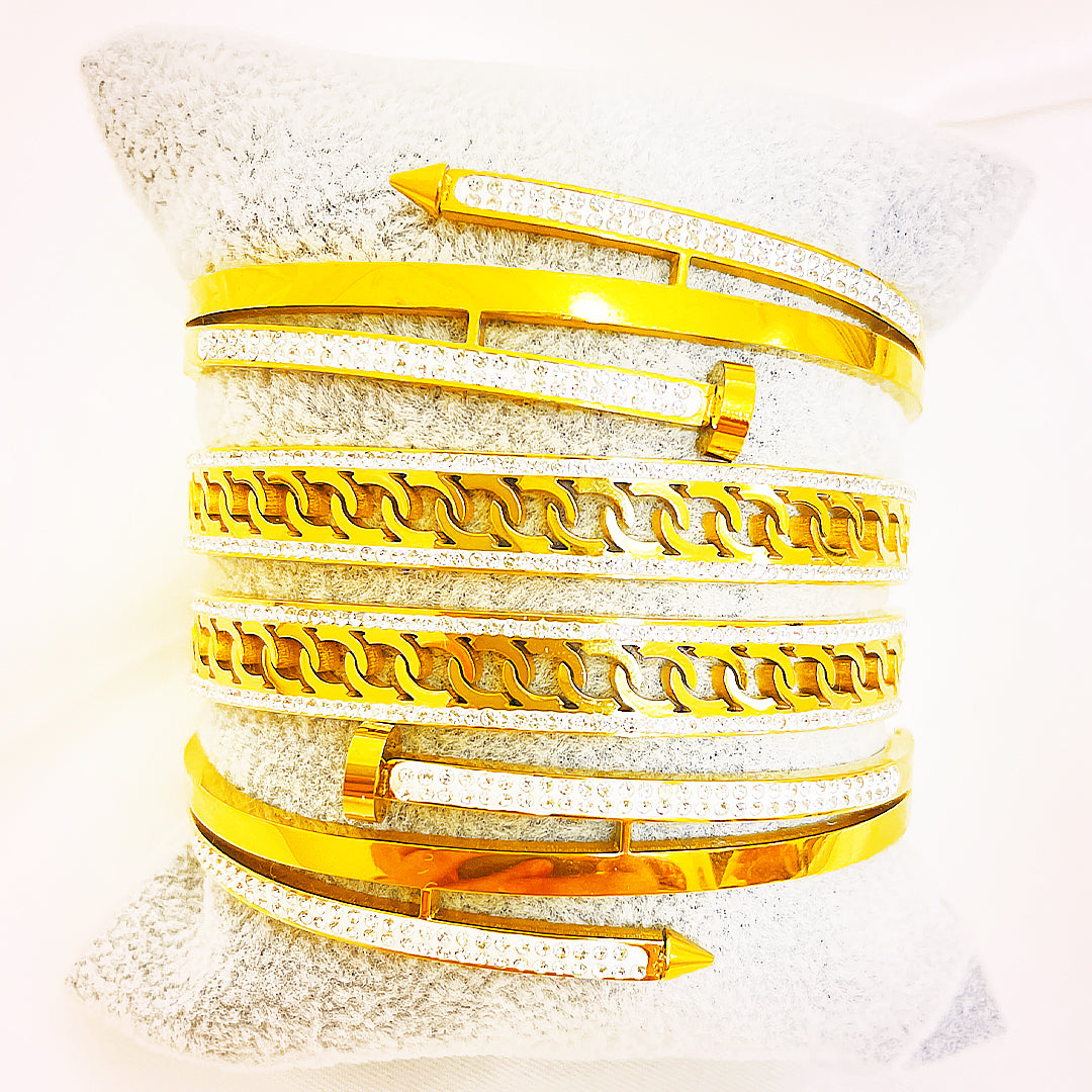 Juliette Crystal-Edged Lattice Stainless Steel Bangles – 18K Gold Plated