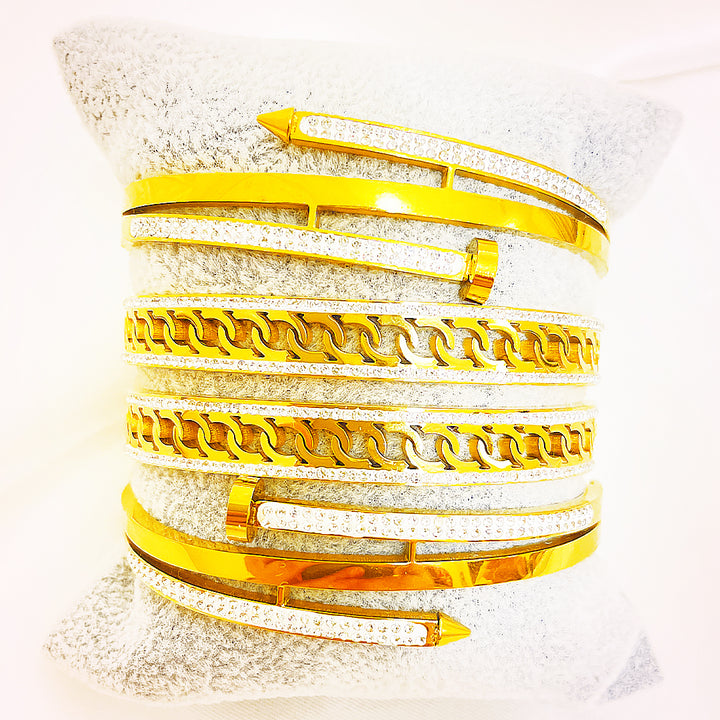 Juliette Crystal-Edged Lattice Stainless Steel Bangles – 18K Gold Plated
