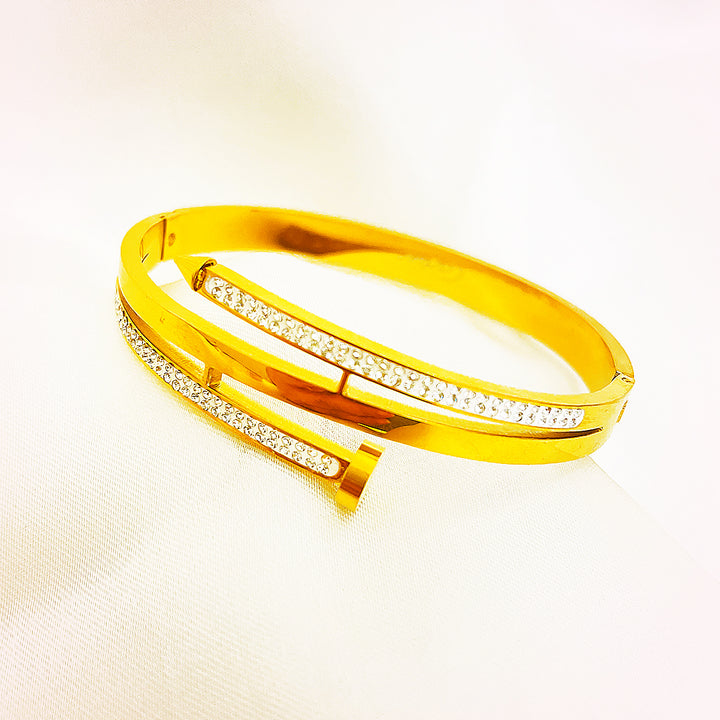 Rosalind Double-Bar Crystal Stainless Steel Bangle – 18K Gold Plated