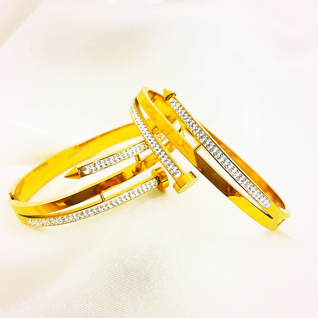 Rosalind Double-Bar Crystal Stainless Steel Bangle – 18K Gold Plated