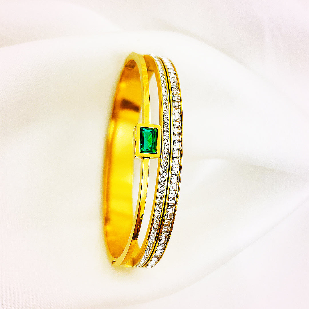 Luminera Emerald-Cut Crystal Stainless Steel Bangle – 18K Gold Plated