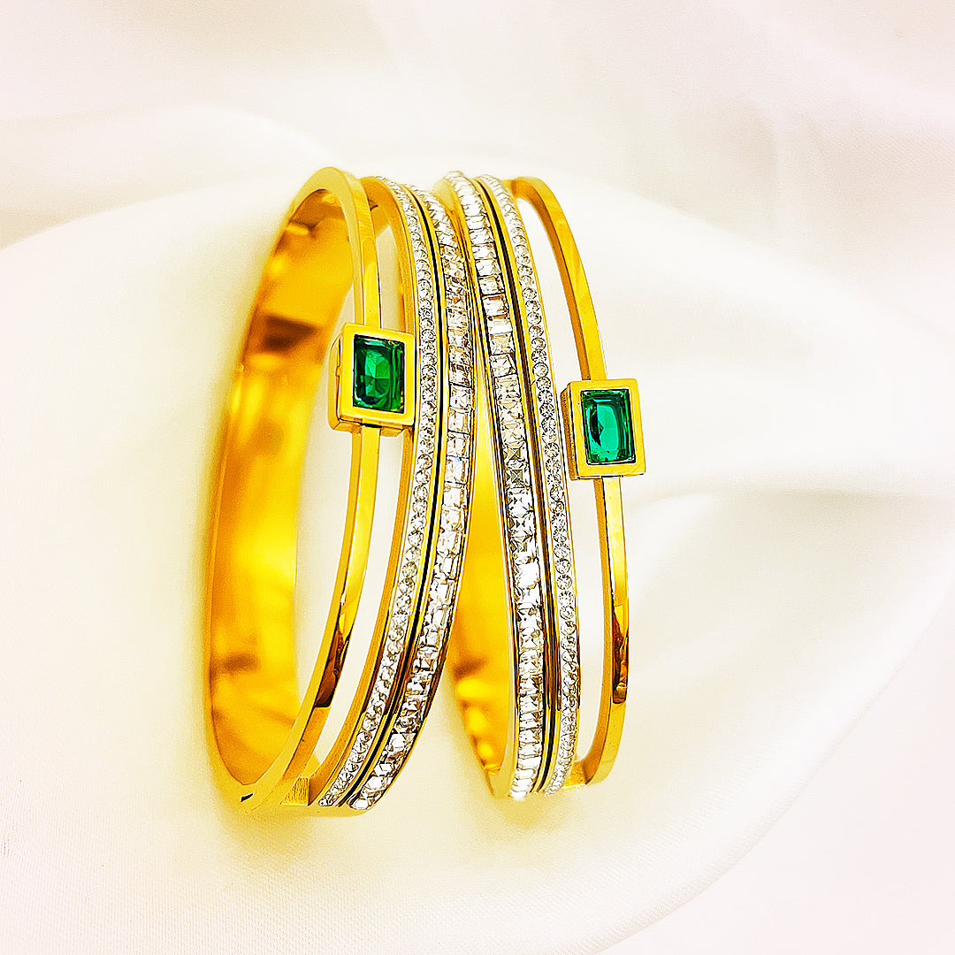 Luminera Emerald-Cut Crystal Stainless Steel Bangle – 18K Gold Plated