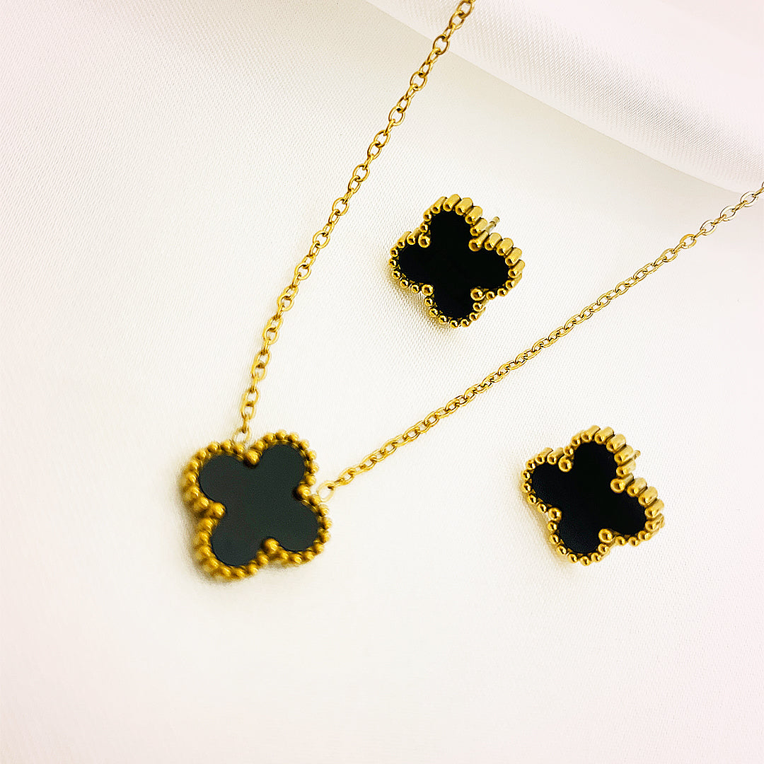Althea Stainless Steel Clover Studs And Necklace Set – 18K Gold Plated