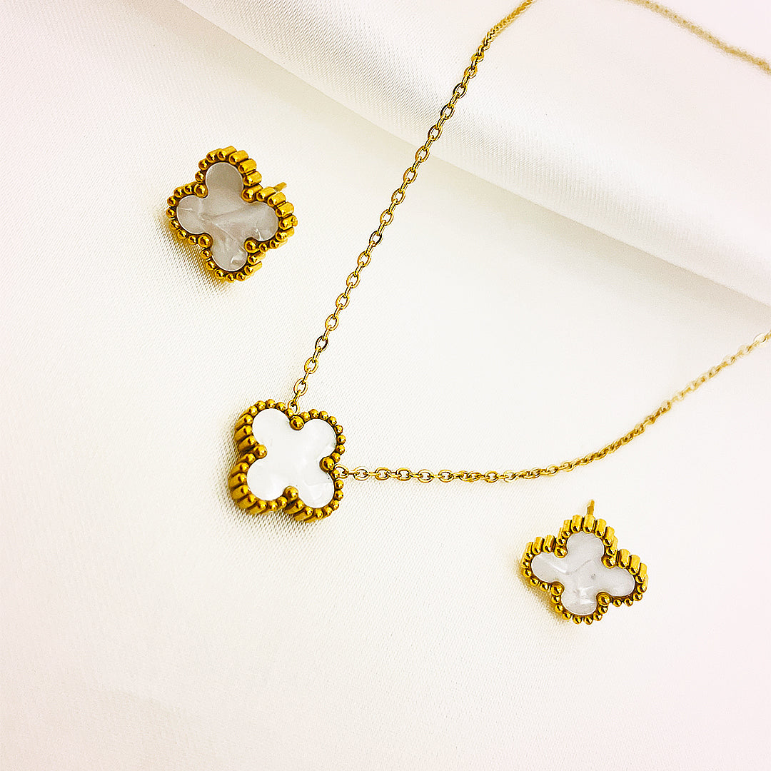 Althea Stainless Steel Clover Studs And Necklace Set – 18K Gold Plated
