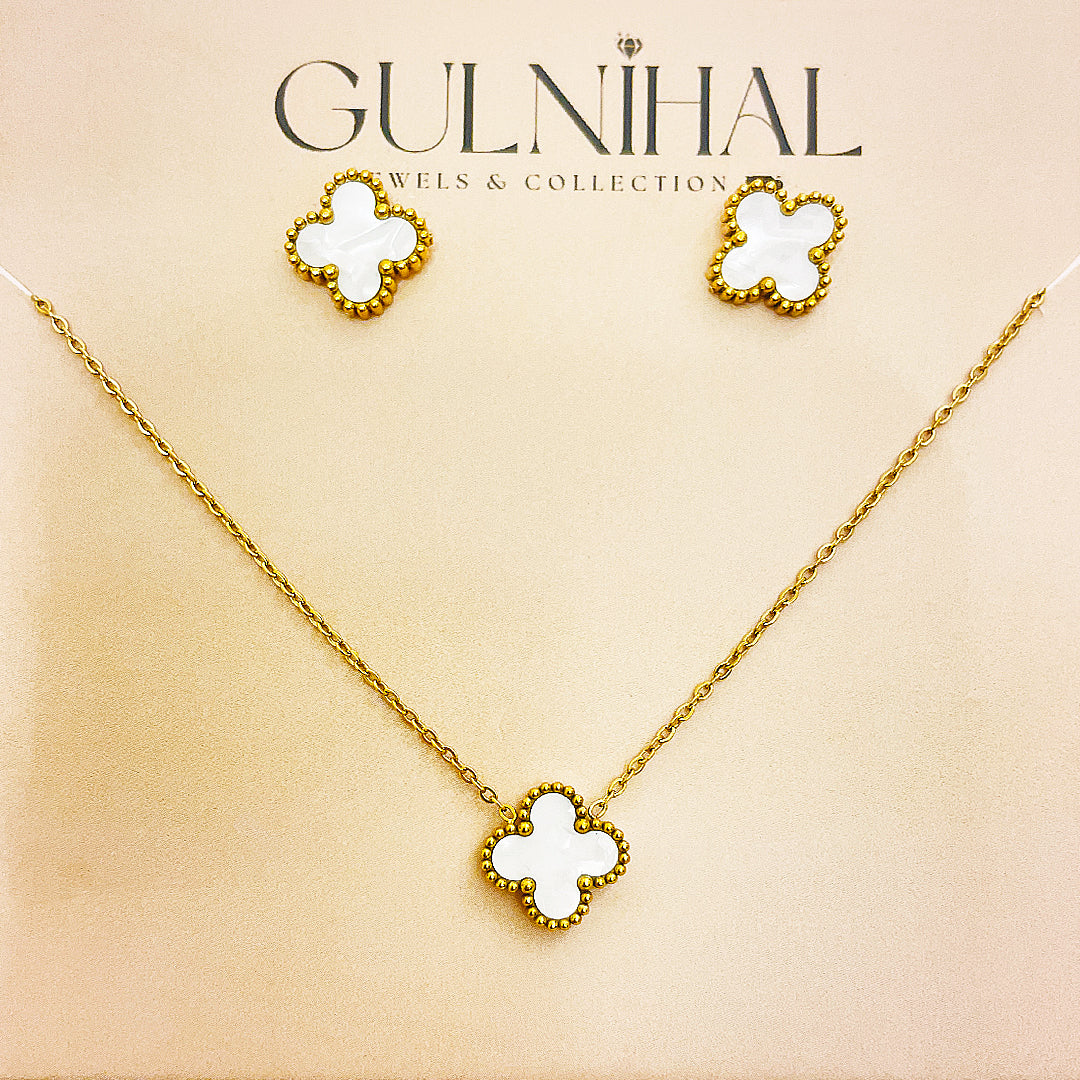Althea Stainless Steel Clover Studs And Necklace Set – 18K Gold Plated