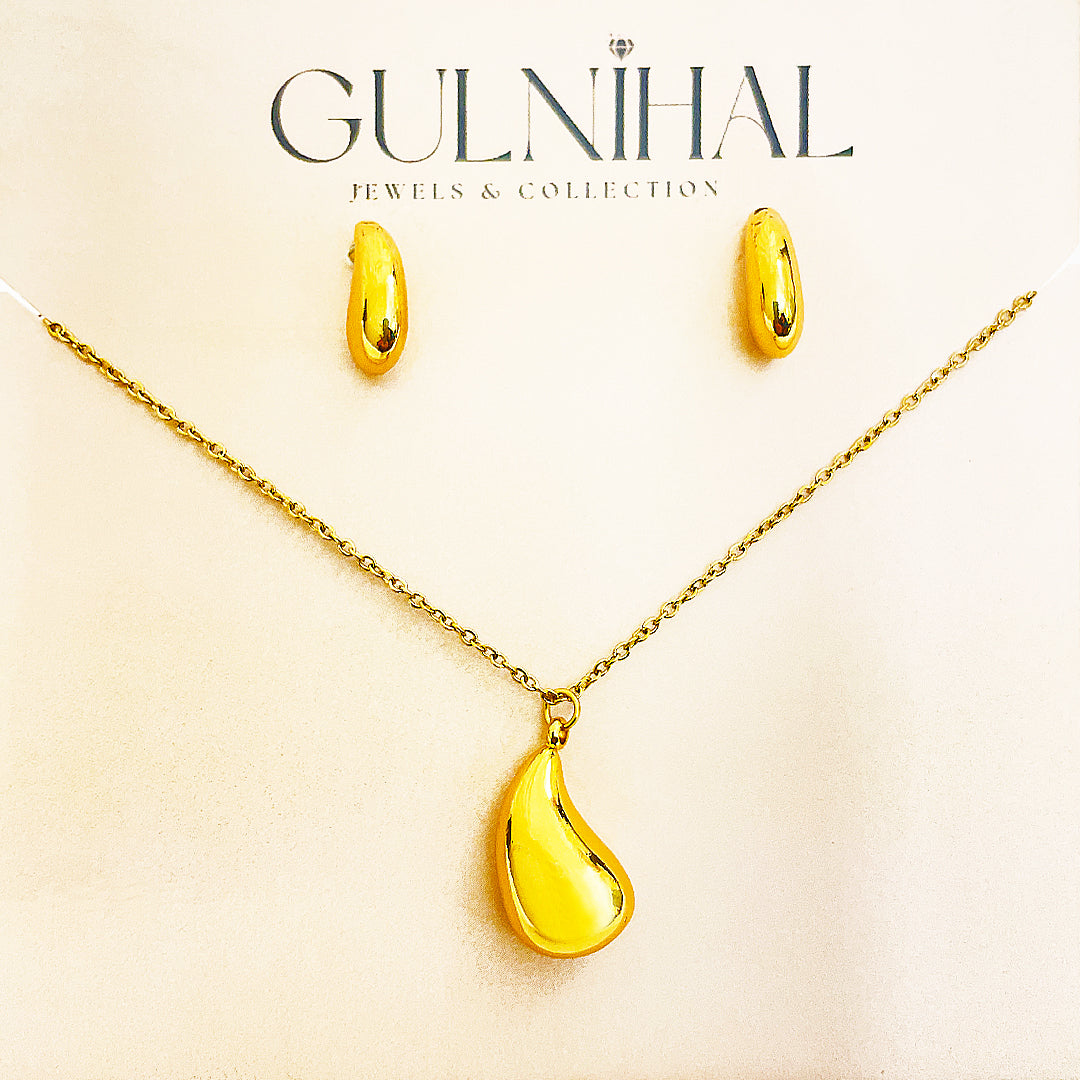 Isolene Stainless Steel Drop Studs And Necklace Set – 18K Gold Plated