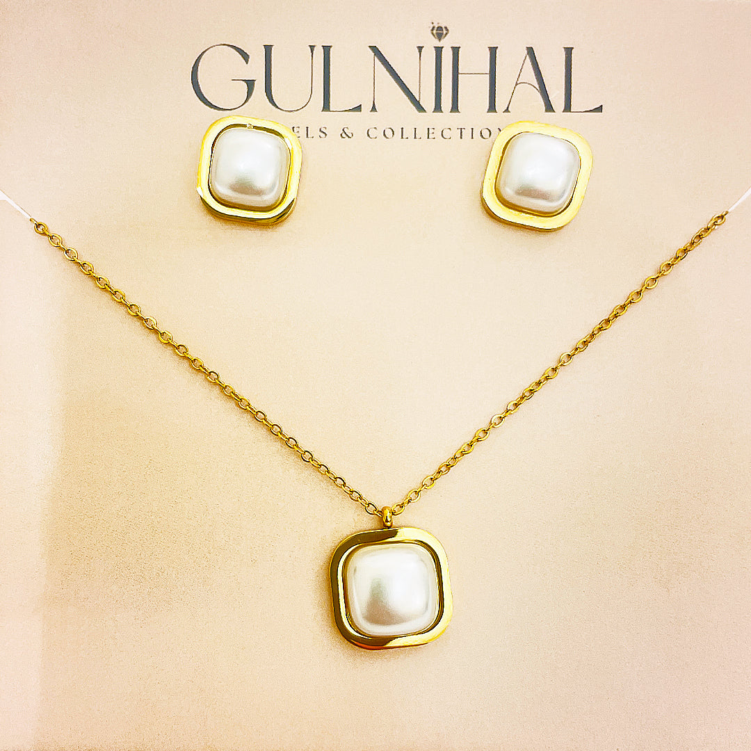 Marielle Stainless Steel Rectangular Pearl Studs And Necklace Set – 18K Gold Plated