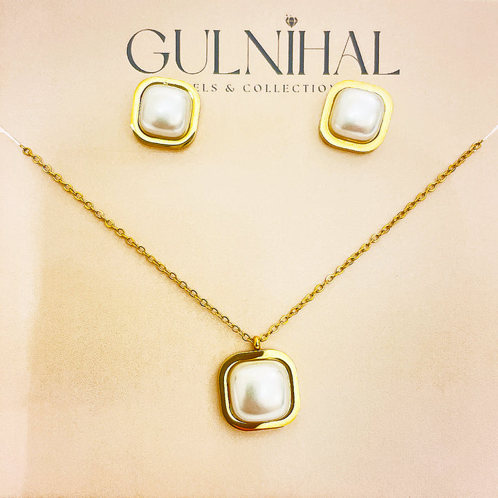 Marielle Stainless Steel Rectangular Pearl Studs And Necklace Set – 18K Gold Plated