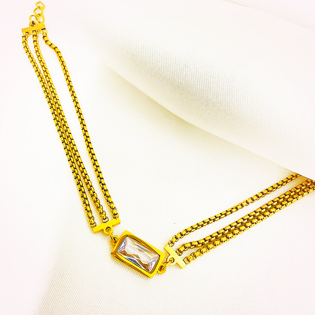 Emberlyn Triple Chain Bracelet With Baguette-Cut Crystal – 18K Gold Plated