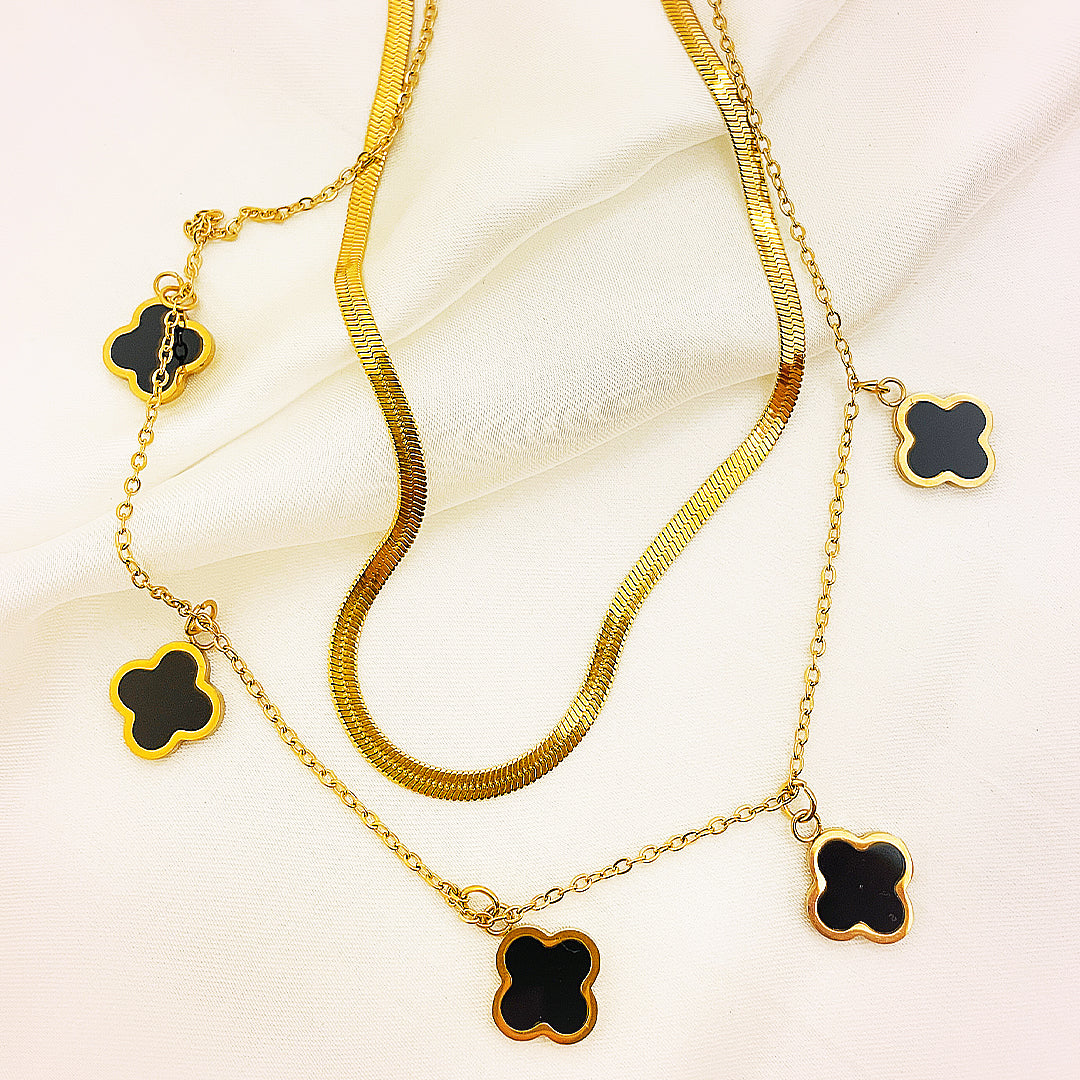 Anastella Layered Four Leaf Clover Charms Stainless Steel Necklace – 18K Gold Plated