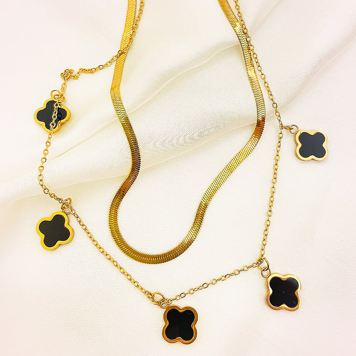 Anastella Layered Four Leaf Clover Charms Stainless Steel Necklace – 18K Gold Plated