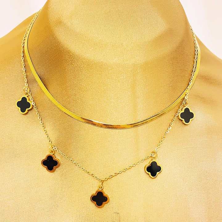 Anastella Layered Four Leaf Clover Charms Stainless Steel Necklace – 18K Gold Plated