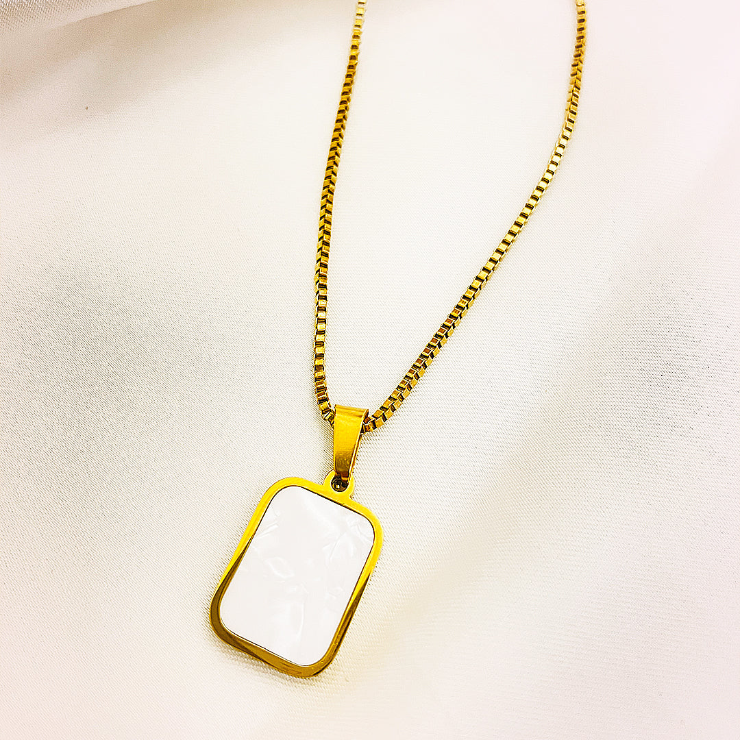 Elaria Rectangular Two Sided Charm Stainless Steel Necklace – 18K Gold Plated